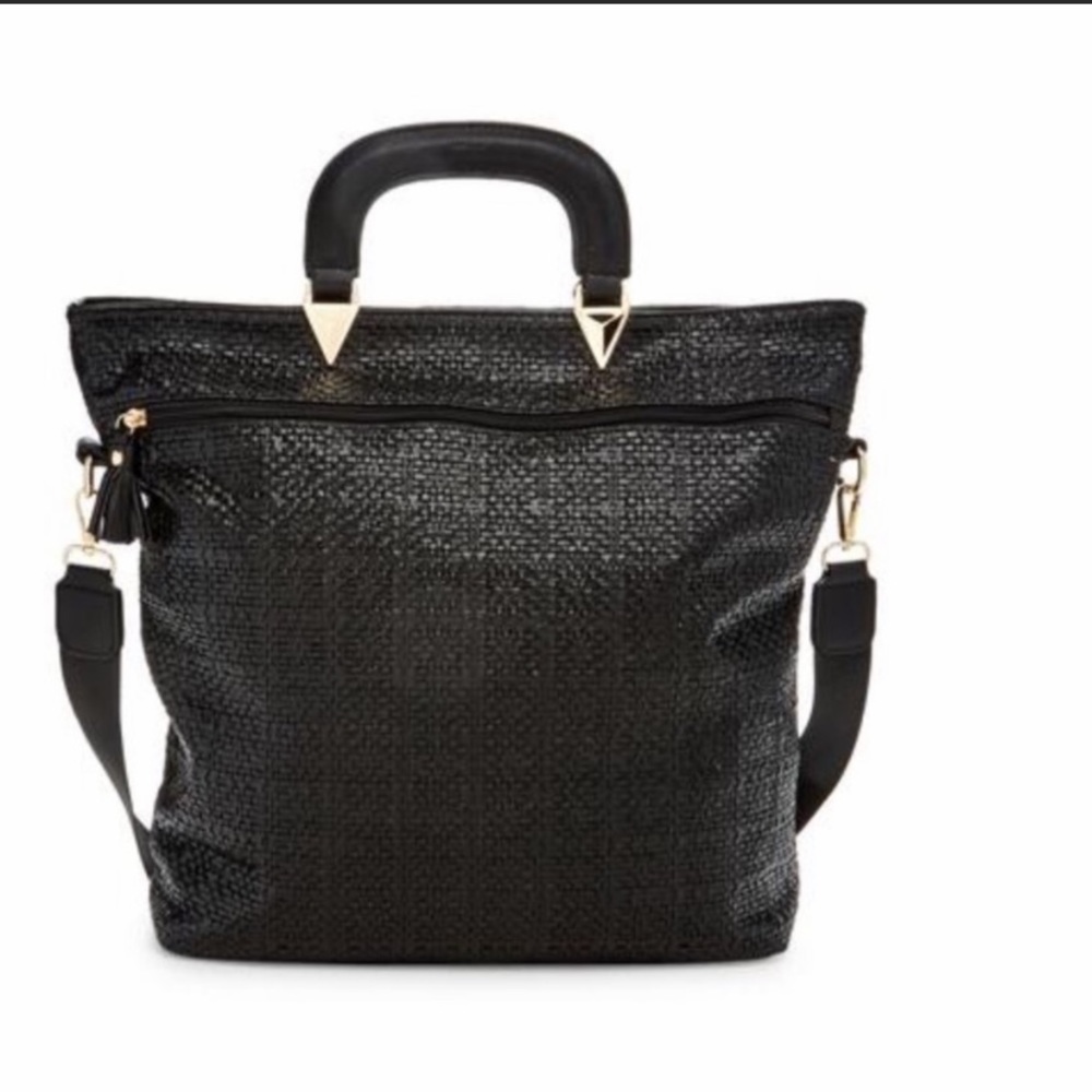 Black- Woven Faux/Vegan Leather Tote.